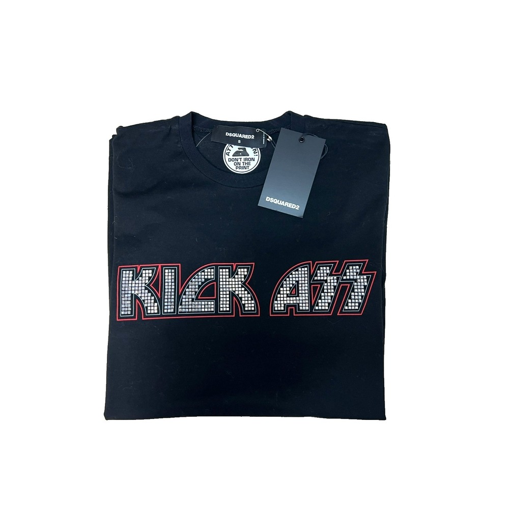 NWT Dsquared2‎ KICK ASS Tee Shirt Black Cotton Red + Square Silver Paillettes, S